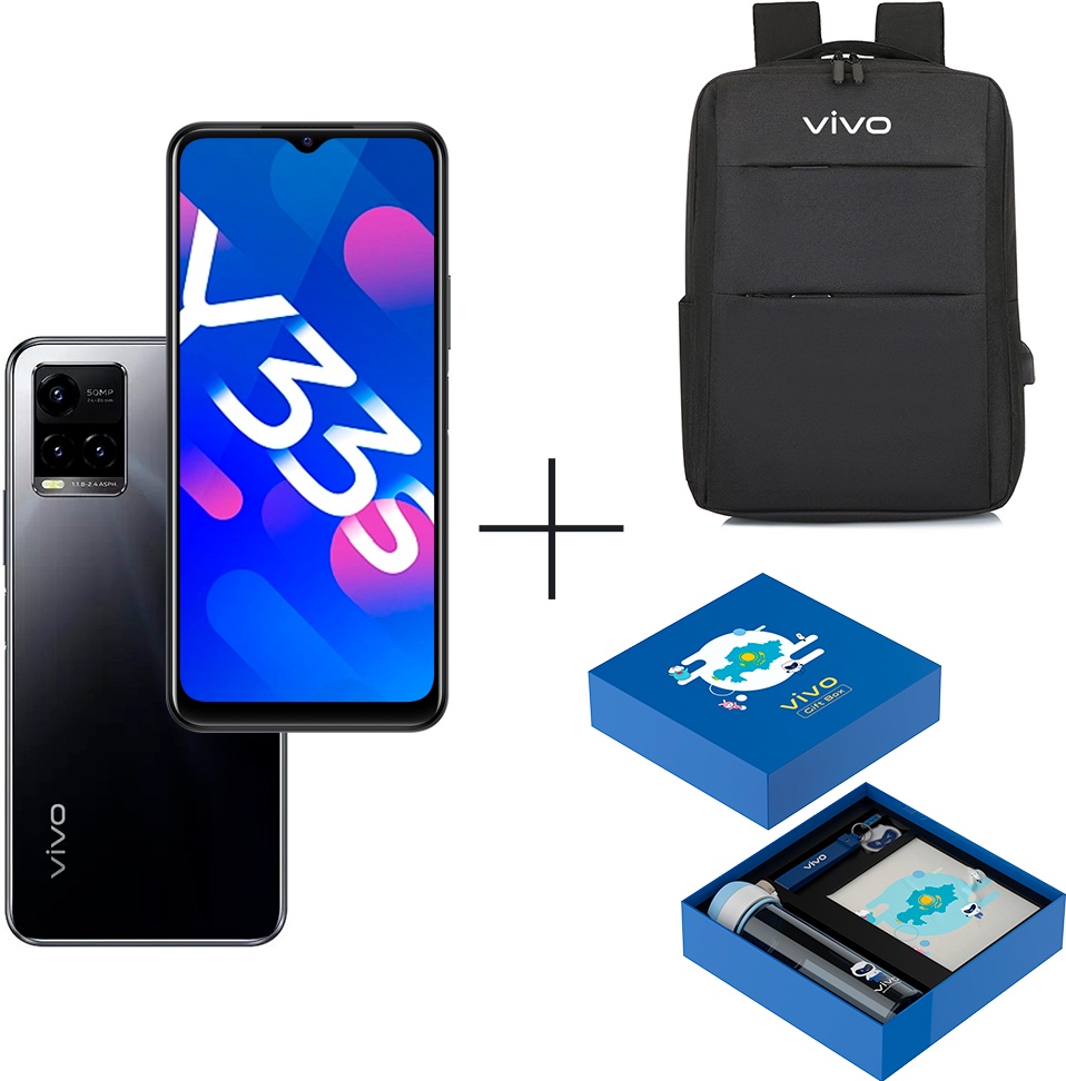 Смартфон Vivo Y33S 4/64Gb Mirror Black + Рюкзак Vivo YL16 + Gift box BTS 2022 Blue - фото 1