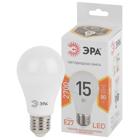 

Лампа светодиодная ЭРА Standart led A60-15W-827-E27 2700K
