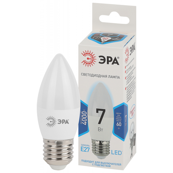 

Лампа светодиодная ЭРА Standart led B35-7w-840-E27 4000K