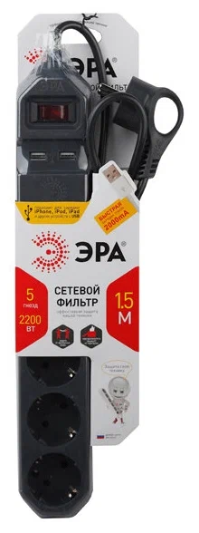 Сетевой фильтр ЭРА USF-5es-1.5m-USB-B Черный