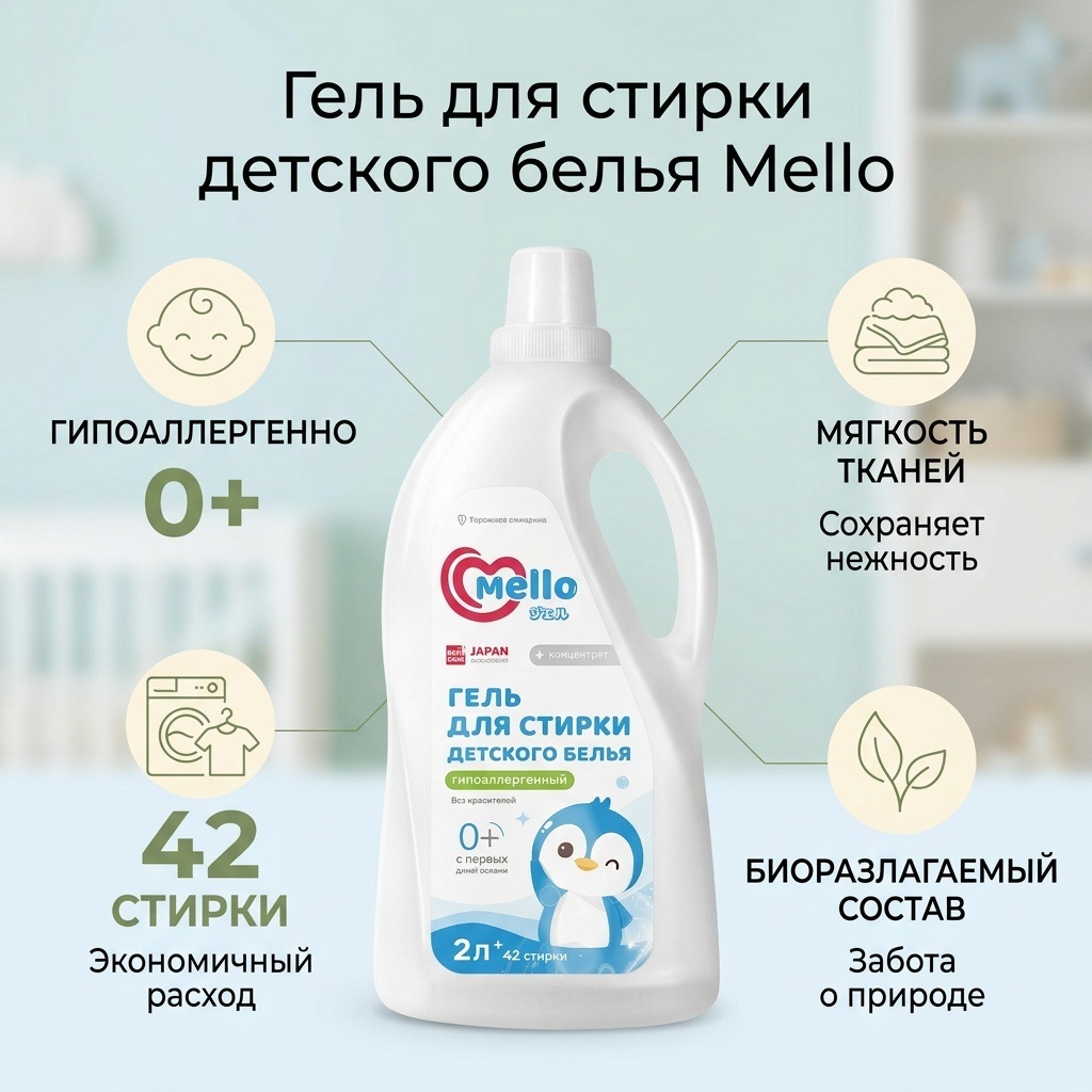 Гель для стирки детского белья 0+ Mello, 2 л Гель для стирки детского белья 0+ Mello, 2 л