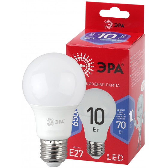 Лампа светодиодная ЭРА red line LED A60-10W-865-E27R Белая
