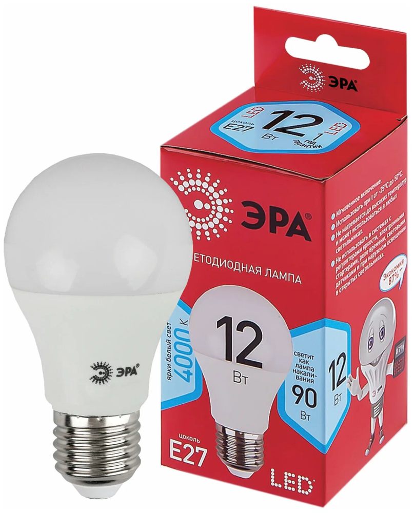 

Лампа светодиодная ЭРА led A60-12W-840-E27 R 4000K