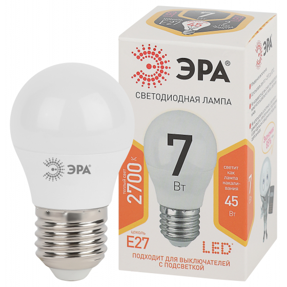 

Лампа светодиодная ЭРА Standart led P45-7W-827-E27 2700K