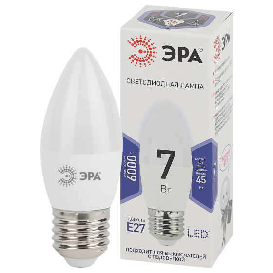 Лампа светодиодная ЭРА standart LED B35-7W-860-E27 Белая