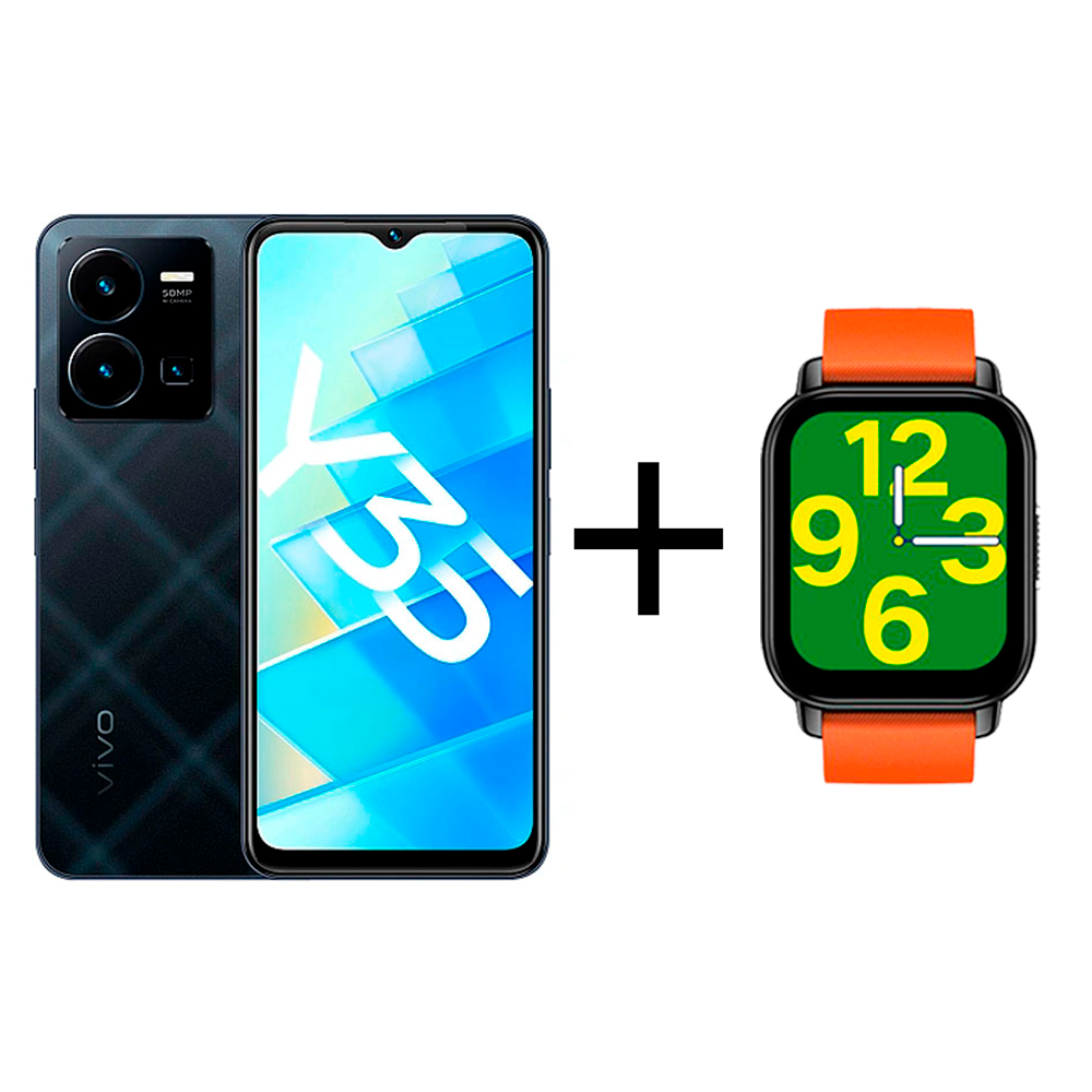Смартфон Vivo Y35 4/64Gb Agate Black + Смарт часы vivo Zeblaze Btalk Smart Watch Orange - фото 1