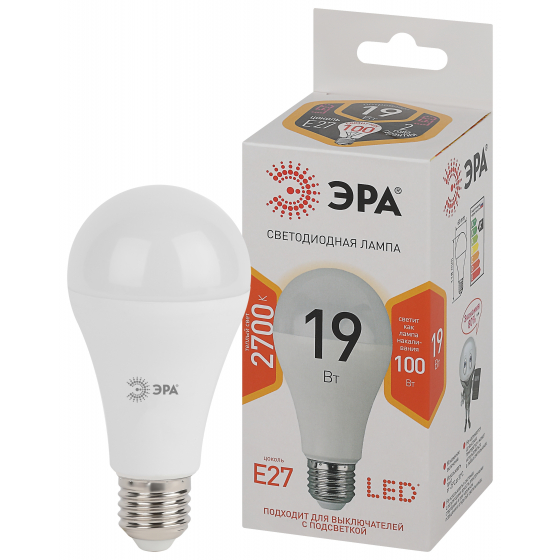 

Лампа светодиодная ЭРА Standart led A65-19W-827-E27 2700K