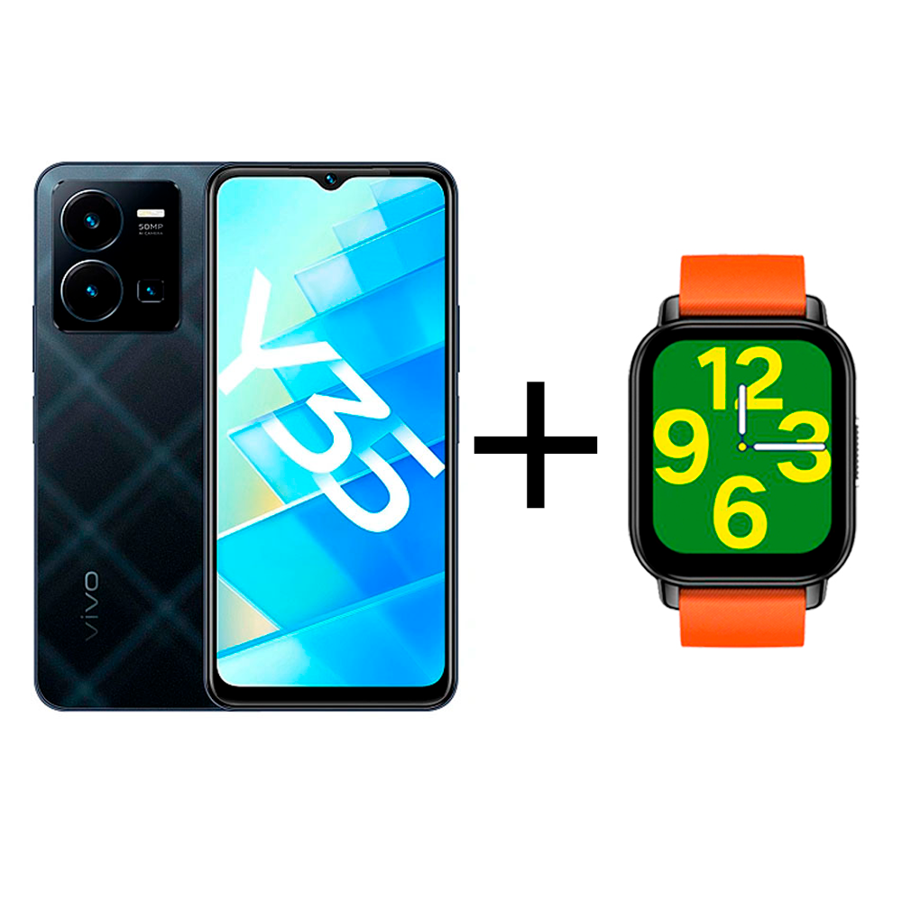 

Смартфон Vivo Y35 4/128Gb Agate Black + Смарт часы vivo Zeblaze Btalk Smart Watch Orange