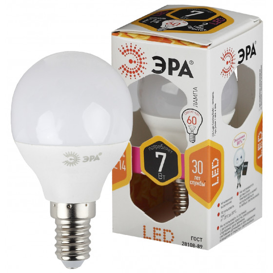 

Лампа светодиодная ЭРА Standart led P45-7W-827-E14 2700K