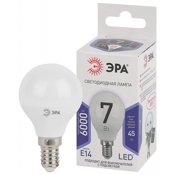 Лампа светодиодная ЭРА standart LED P45-7W-860-E14 Белая