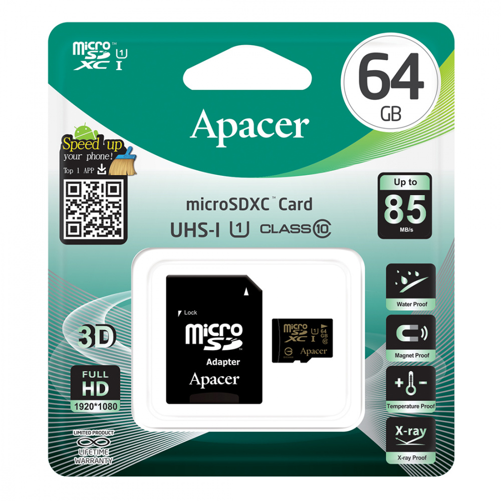 Карта памяти Apacer AP64GMCSX10U1-R  с адаптером SD