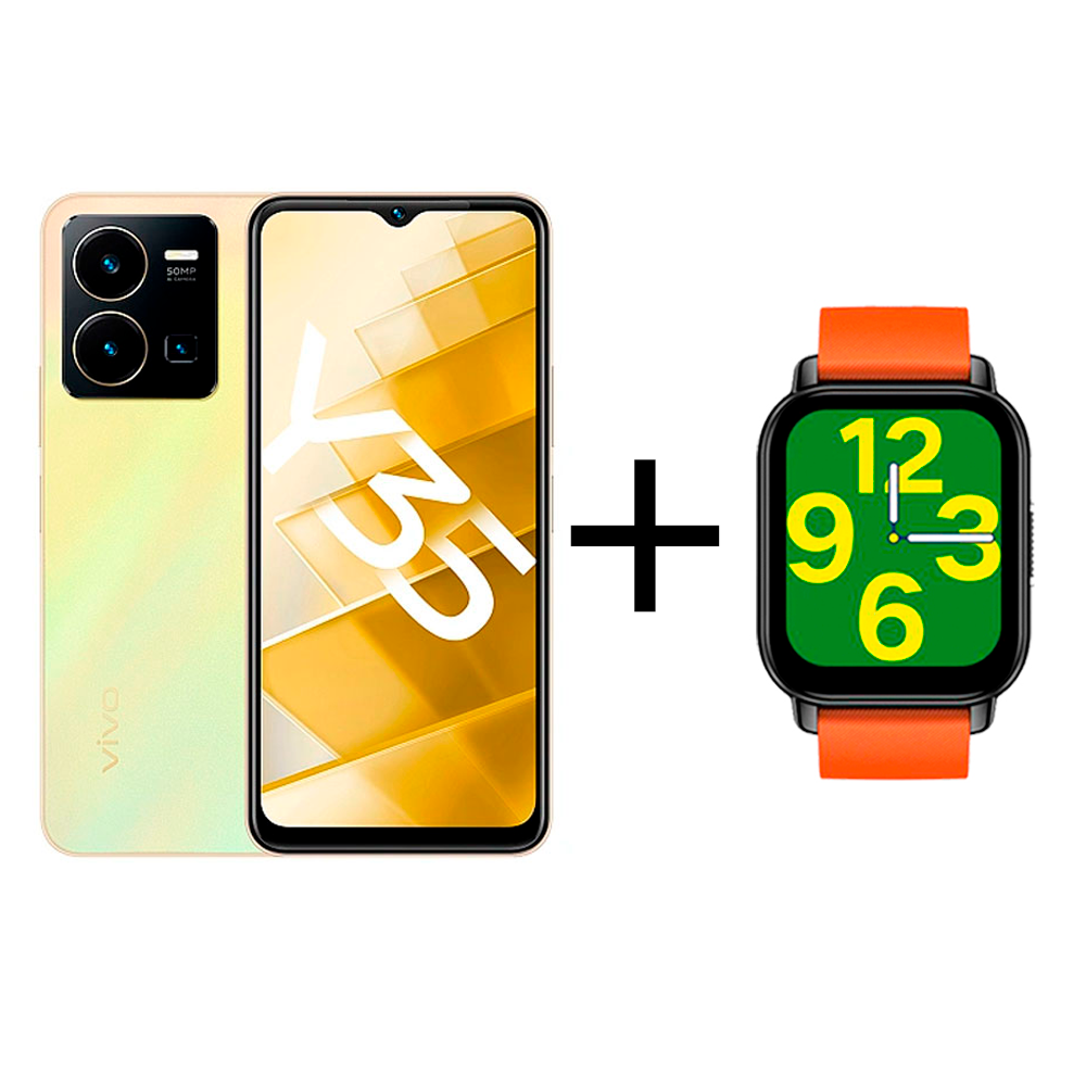 Смартфон Vivo Y35 4/64Gb Dawn Gold+Смарт часы vivo Zeblaze Btalk Smart Watch Orange - фото 1