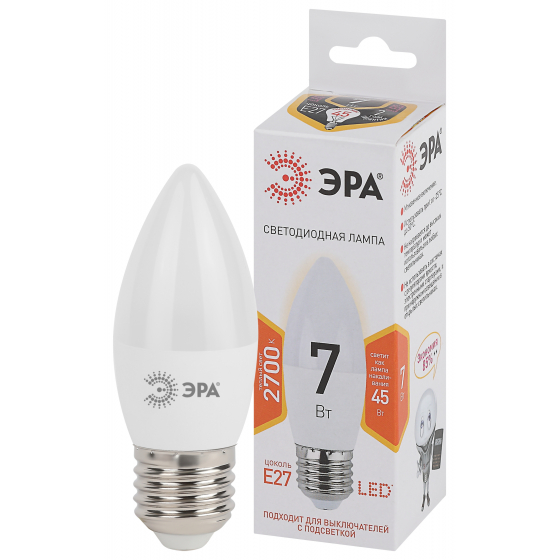 Лампа светодиодная ЭРА standart LED B35-7W-827-E27 Белая