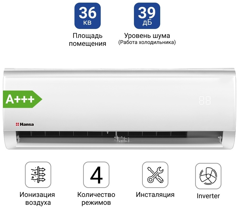 Кондиционер Inverter Hansa ACI-12W55, White, (25–35 м², 12 000 BTU, Ионизация) Кондиционер Inverter Hansa ACI-12W55, White, (25–35 м², 12 000 BTU, Ионизация)
