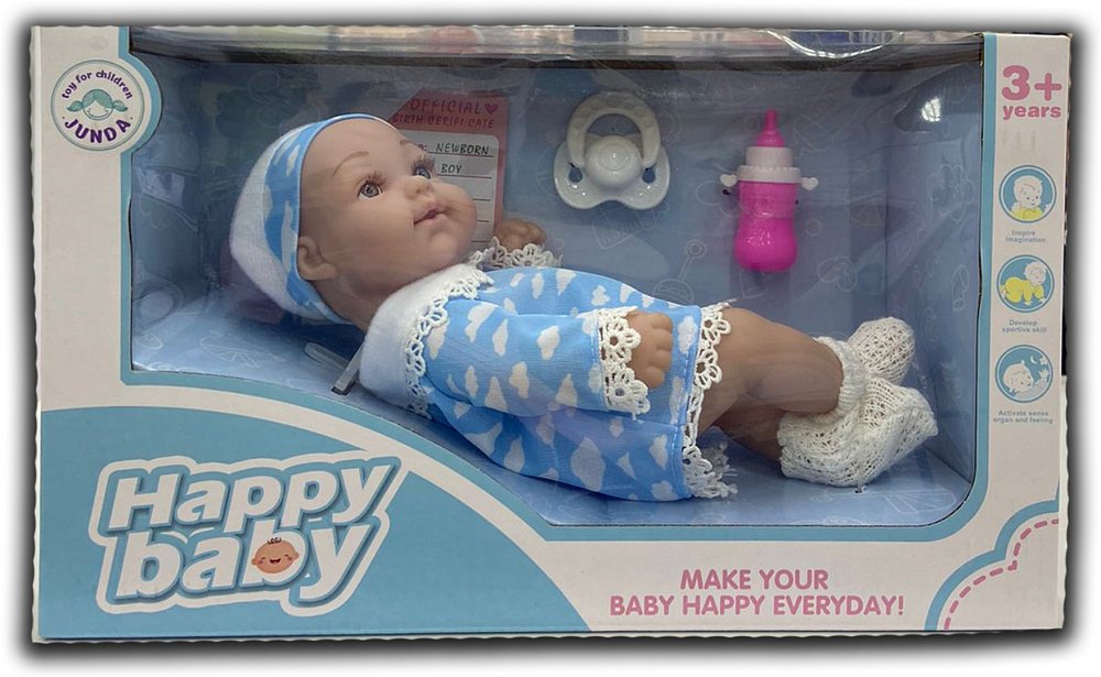 Игрушки Happy Baby 1102-1 Пупс с аксессуарами в голубой одежде - фото 1