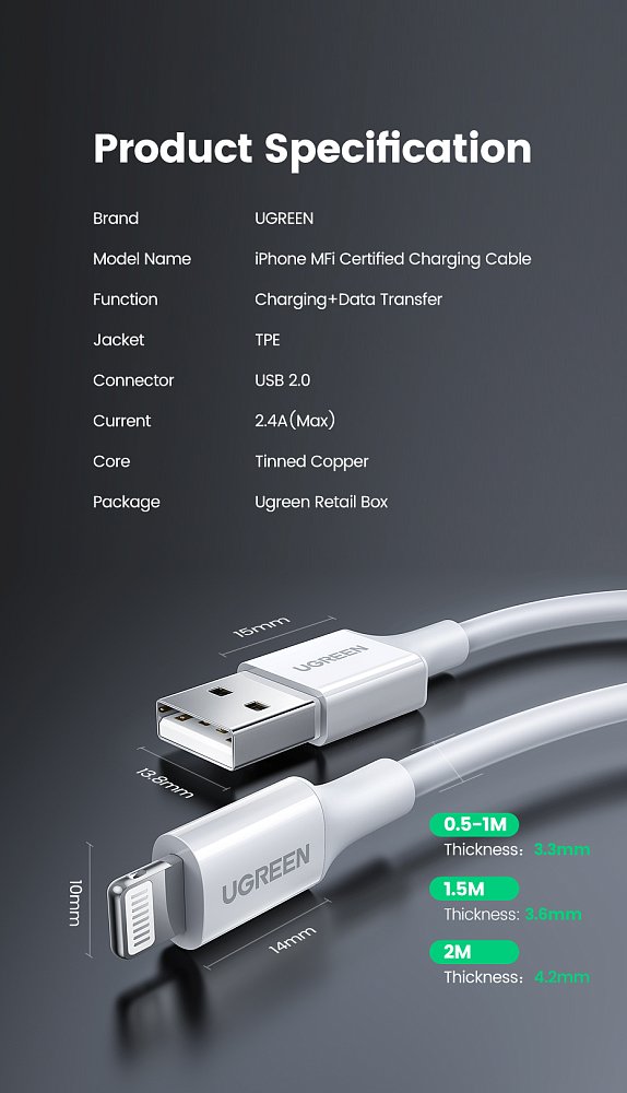 Кабель Ugreen US155 Lightning To USB 2.0 A Male Cable/White 1M, 20728