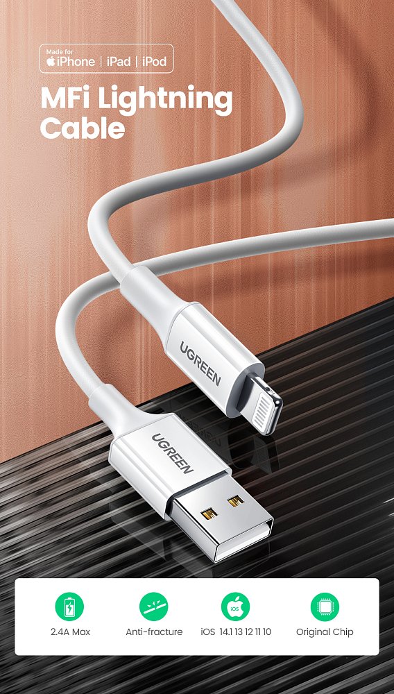 Кабель Ugreen US155 Lightning To USB 2.0 A Male Cable/White 2M, 20730 - фото 4