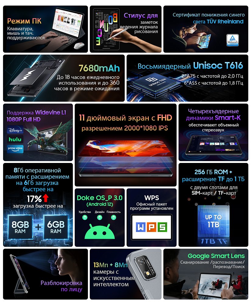 Планшет Blackview Tab 16 4G 2K 10.95" 8/256GB Gray + Клавиатура Blackview Bluetooth K1 Black - фото 16