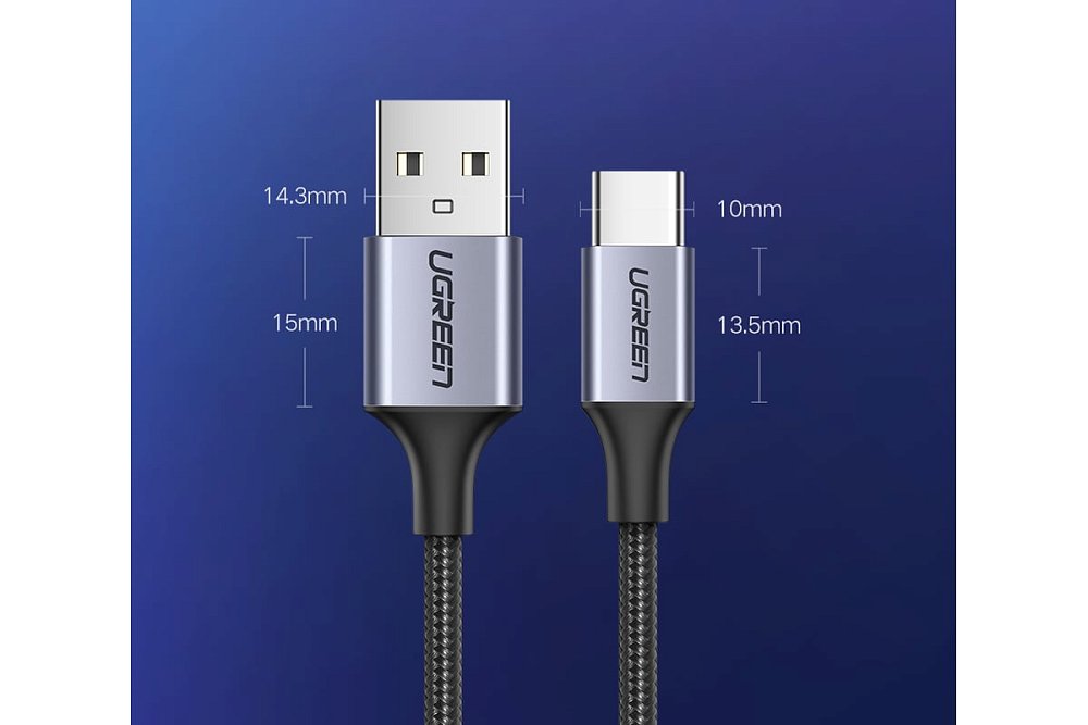 Кабель UGREEN US288 USB-A 2.0 to USB-C Cable Nickel Plating Aluminum Braid 1m (Black) - фото 4