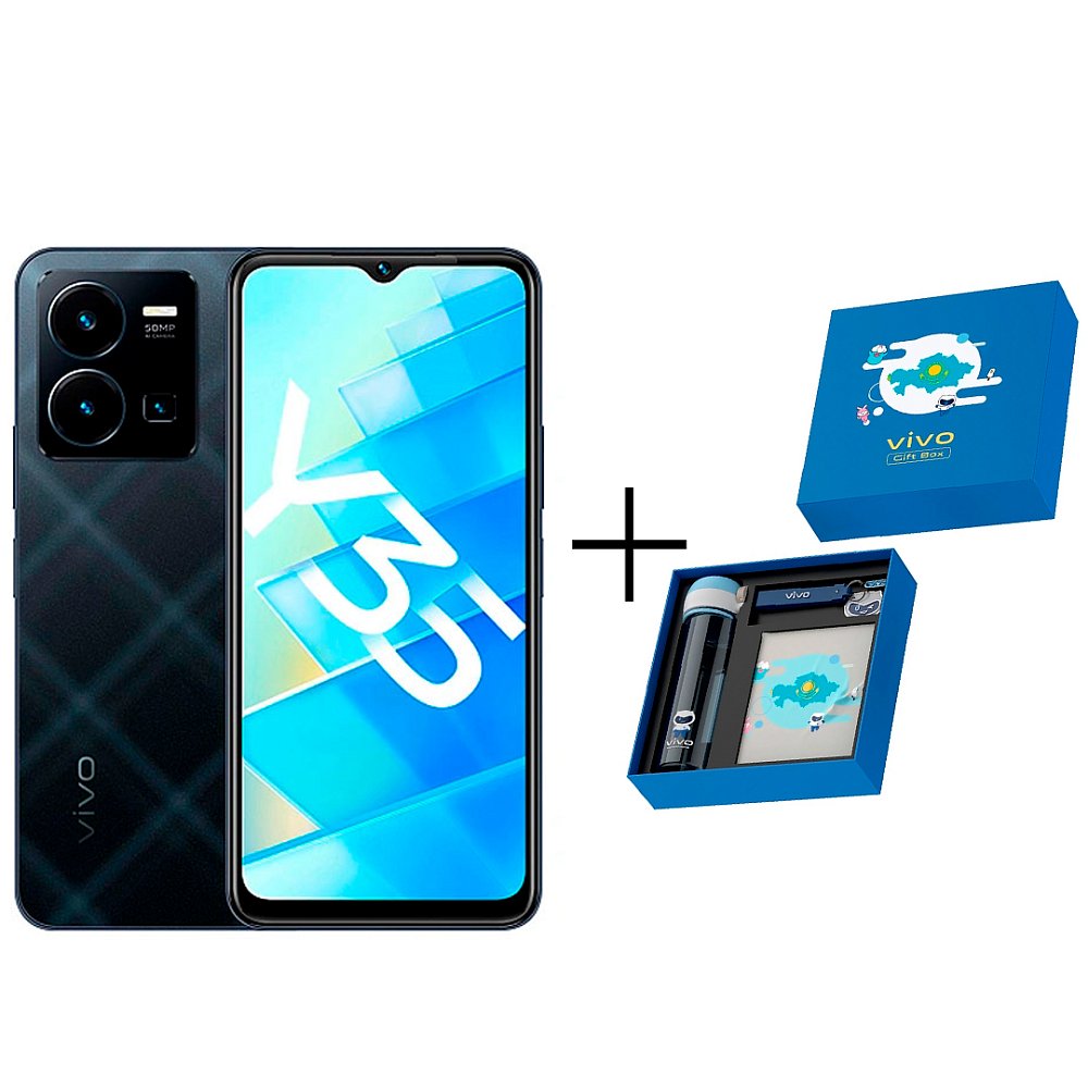 Смартфон Vivo Y35 4/128Gb Agate Black + Gift box BTS 2022 Blue - фото 1