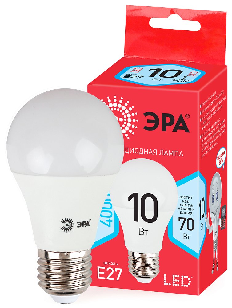 Лампа светодиодная ЭРА Eco led A60-10W-840-E27 4000K