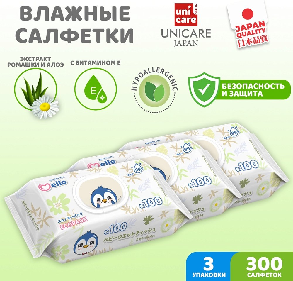 Салфетки Mello, 3 упаковки по 100 шт, итого 300 шт Салфетки Mello, 3 упаковки по 100 шт, итого 300 шт